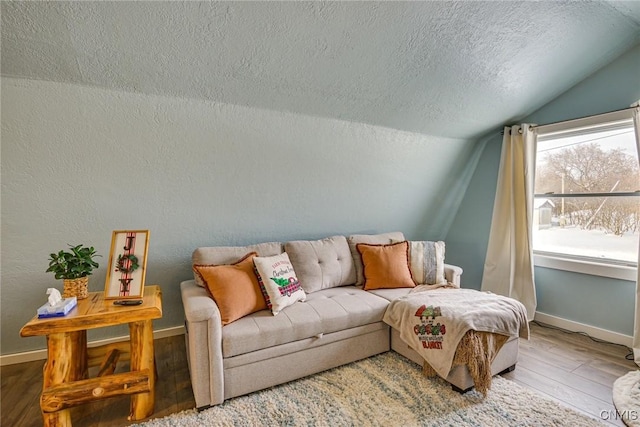 living area with baseboards, wood finished floors, lofted ceiling, a textured wall, and a textured ceiling