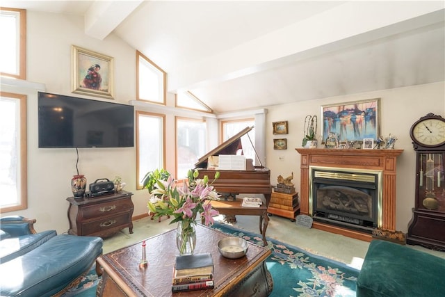 living room with carpet flooring, a healthy amount of sunlight, and lofted ceiling with beams