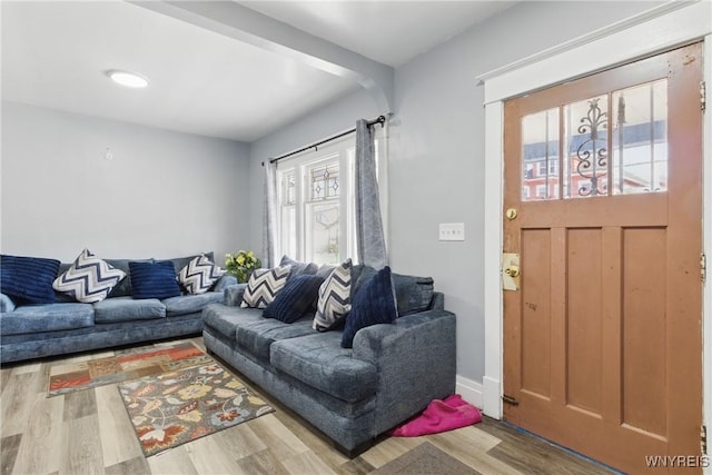 living room with plenty of natural light, baseboards, and wood finished floors