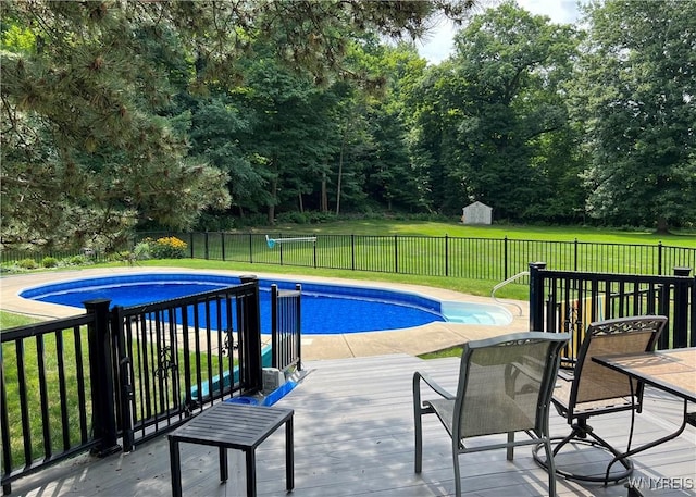 view of pool with a fenced in pool, a lawn, and a fenced backyard