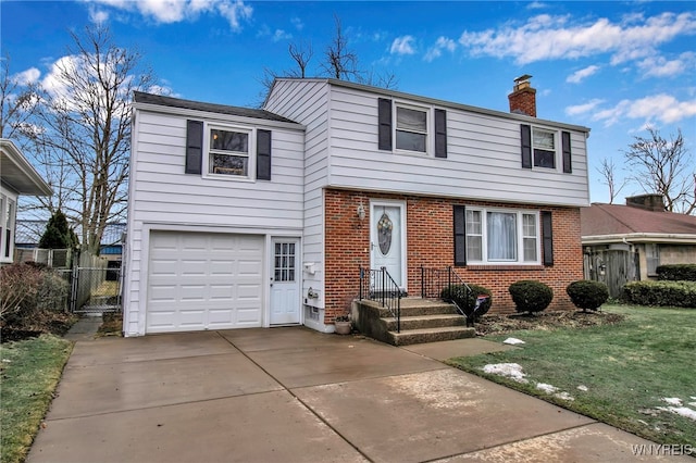 view of front of property with brick siding, fence, a chimney, a garage, and driveway