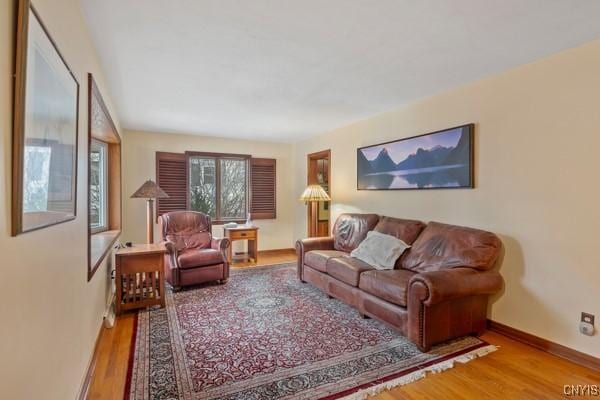 living area featuring wood finished floors and baseboards