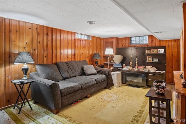 living area featuring wooden walls, carpet, and visible vents