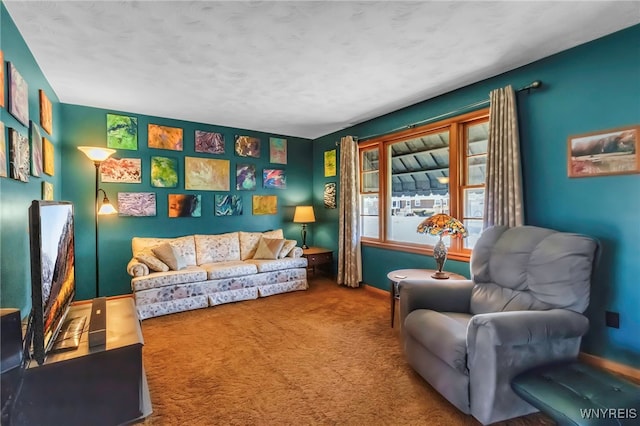 living area with baseboards and carpet floors