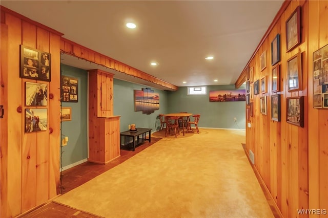 recreation room with recessed lighting, visible vents, baseboards, and carpet