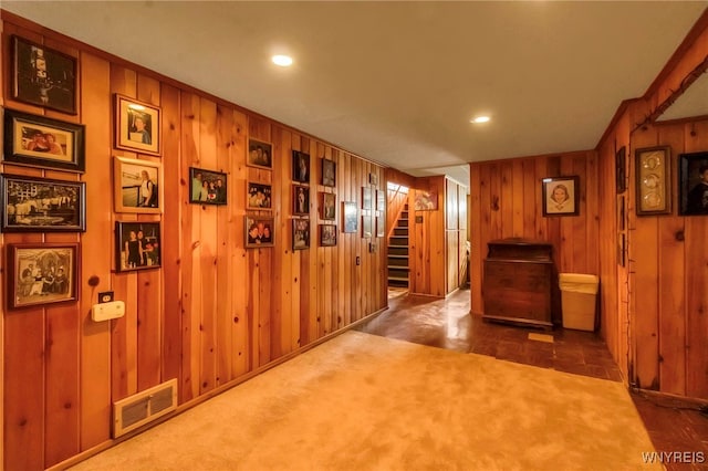 hallway featuring recessed lighting, visible vents, carpet, and stairway