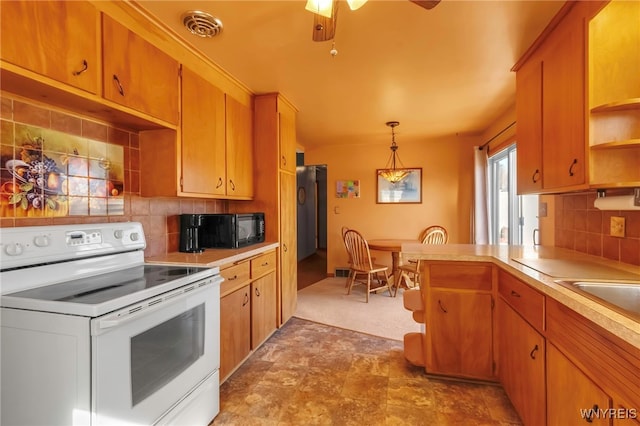 kitchen with open shelves, backsplash, white electric range oven, black microwave, and light countertops