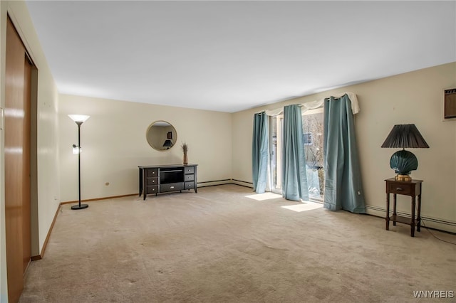 unfurnished living room featuring a baseboard radiator, baseboards, and light carpet