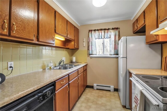 kitchen featuring dishwasher, a baseboard radiator, electric stove, brown cabinetry, and a sink