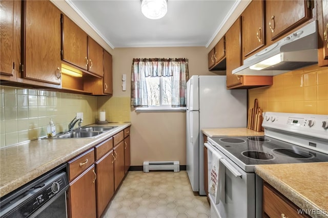 kitchen featuring electric range, a sink, under cabinet range hood, dishwasher, and baseboard heating