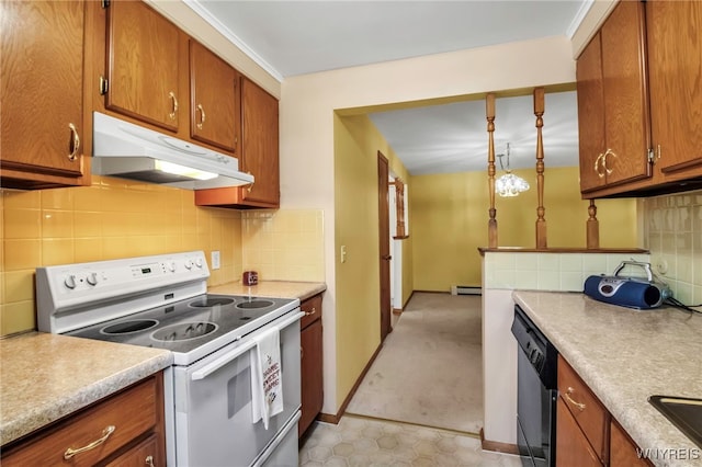 kitchen with white range with electric cooktop, under cabinet range hood, light countertops, black dishwasher, and brown cabinetry