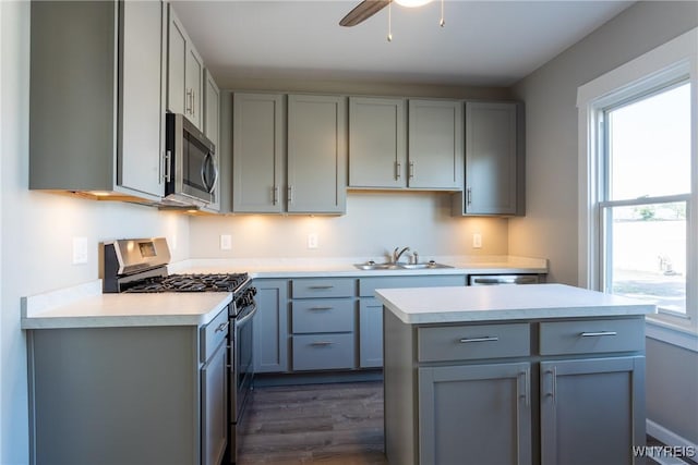 kitchen featuring gray cabinets, stainless steel appliances, and light countertops