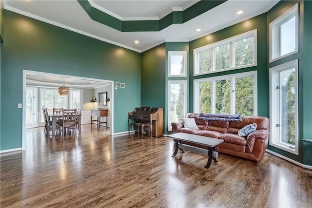 living area with visible vents, ornamental molding, wood finished floors, a raised ceiling, and a towering ceiling