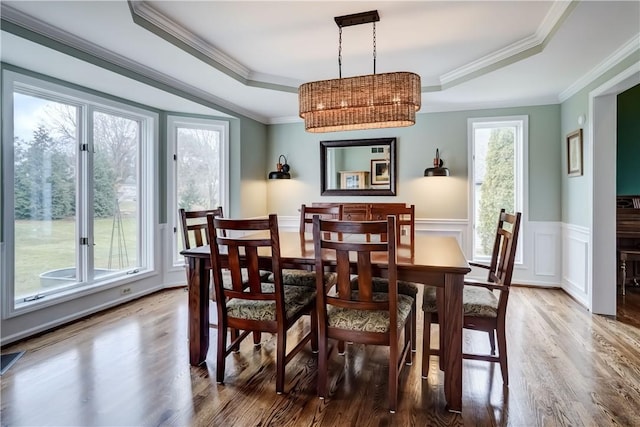 dining area featuring crown molding, a tray ceiling, wainscoting, wood finished floors, and a decorative wall