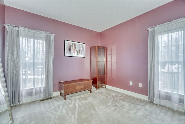 carpeted empty room with a healthy amount of sunlight and baseboards