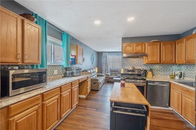 kitchen featuring wood finished floors, open floor plan, under cabinet range hood, appliances with stainless steel finishes, and tasteful backsplash