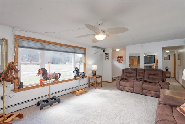 living room featuring a baseboard heating unit, a ceiling fan, an AC wall unit, and carpet flooring