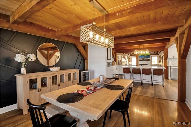 dining area featuring dark wood-style floors, beamed ceiling, wood ceiling, and a chandelier