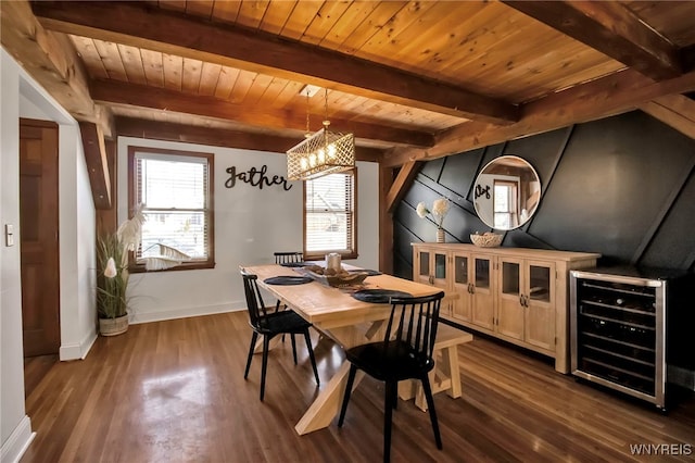 dining area with wooden ceiling, beverage cooler, dark wood-style flooring, and baseboards