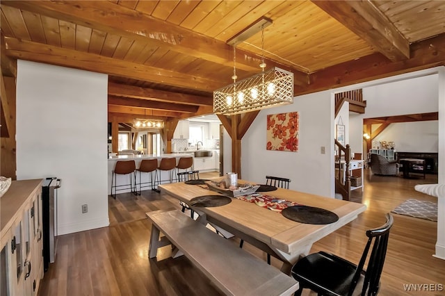 dining space featuring dark wood finished floors, wooden ceiling, stairs, and beam ceiling