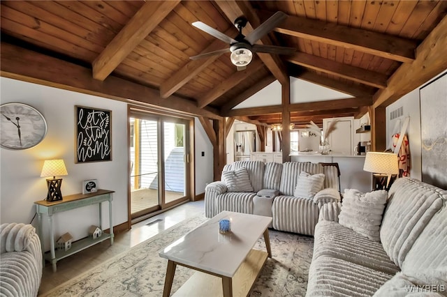 living room featuring lofted ceiling with beams, a ceiling fan, visible vents, and wooden ceiling