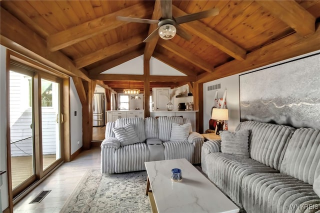 living room featuring lofted ceiling with beams, visible vents, wooden ceiling, and ceiling fan with notable chandelier