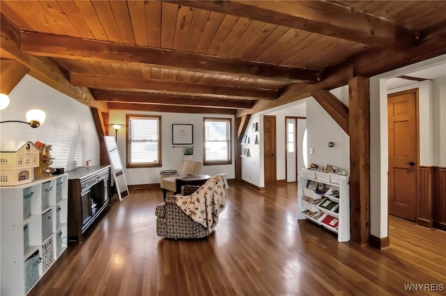 interior space featuring beamed ceiling, wood ceiling, baseboards, and dark wood-style flooring