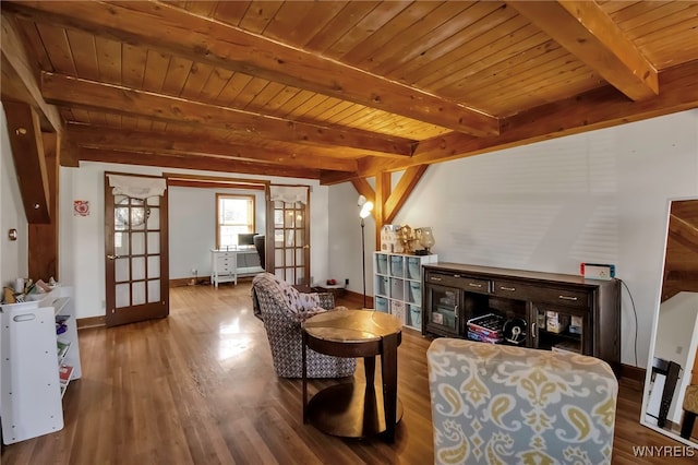 living area featuring wooden ceiling, wood finished floors, and french doors