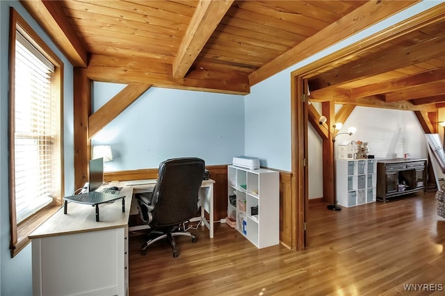 office space with wooden ceiling, beamed ceiling, and wood finished floors