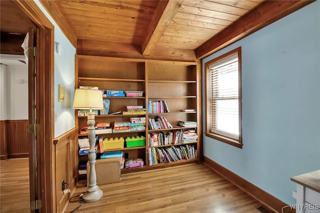 sitting room with beam ceiling, wainscoting, wooden ceiling, and wood finished floors