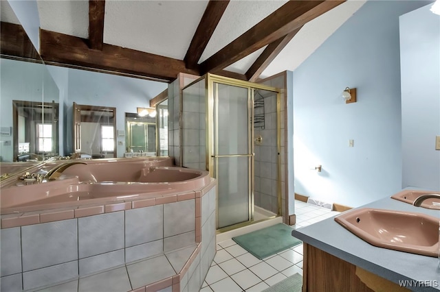 bathroom with tile patterned flooring, a shower stall, a bath, and lofted ceiling with beams