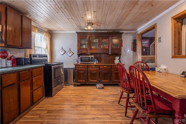 kitchen with stainless steel appliances, glass insert cabinets, crown molding, wooden ceiling, and light wood-type flooring