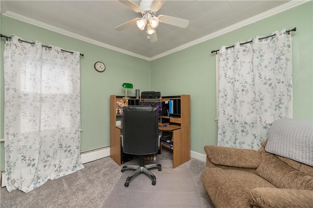 carpeted home office with a baseboard heating unit, ceiling fan, baseboards, and ornamental molding