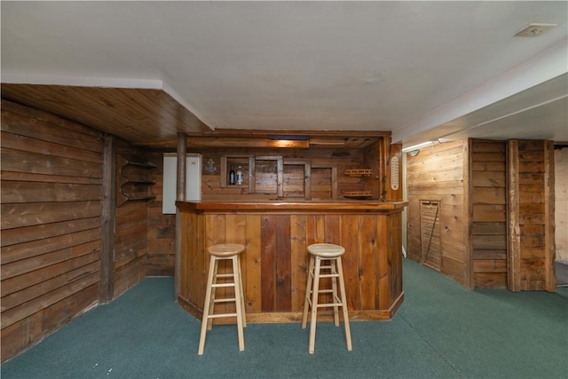 bar featuring wooden walls, a dry bar, and carpet floors