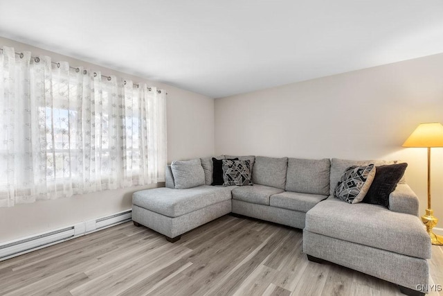 living area featuring light wood finished floors and baseboard heating