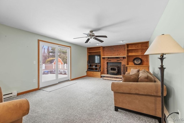 living room featuring ceiling fan, carpet, baseboards, and a baseboard radiator