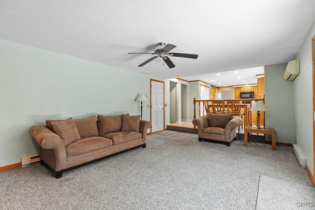 living room featuring a baseboard radiator, baseboards, light carpet, and a wall mounted AC