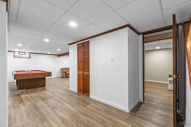 recreation room with a drop ceiling, baseboards, wood finished floors, and pool table