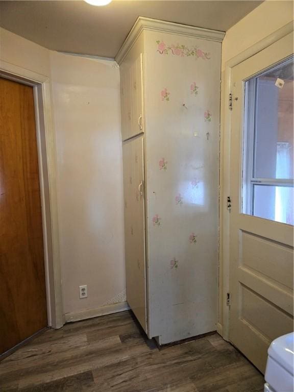 doorway to outside featuring baseboards and wood finished floors