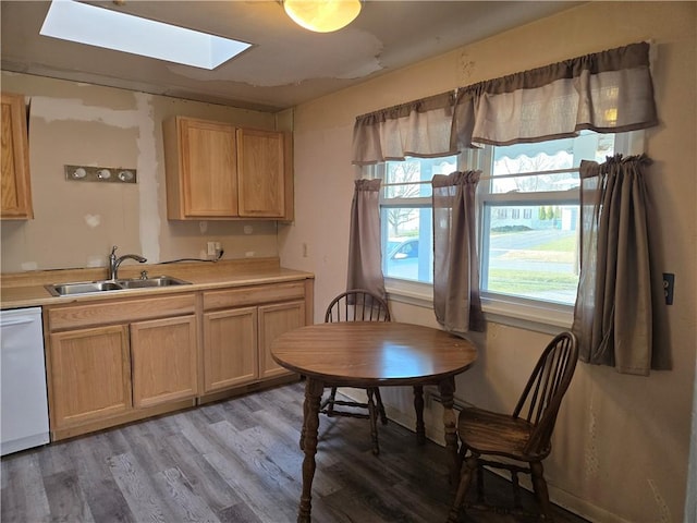 kitchen featuring light countertops, light wood-style flooring, a skylight, white dishwasher, and a sink