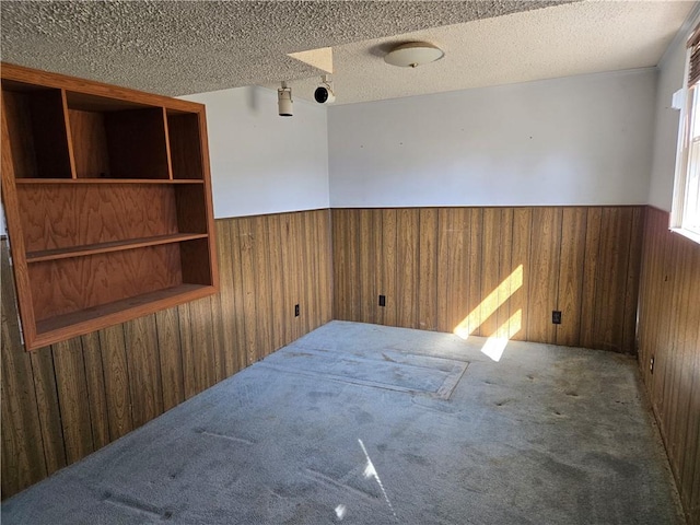 carpeted empty room with a wainscoted wall, wooden walls, and a textured ceiling