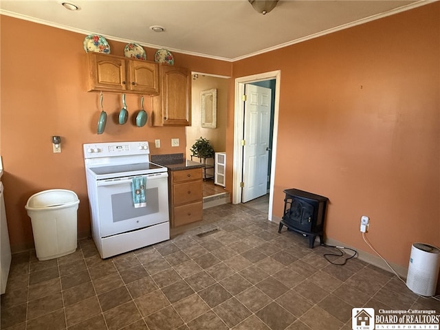 kitchen featuring white electric stove, baseboards, dark countertops, and ornamental molding