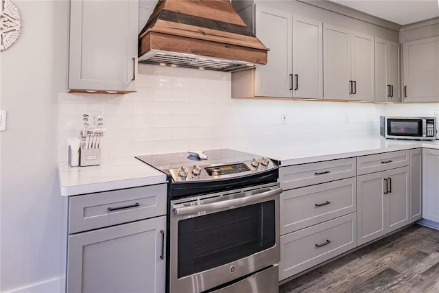 kitchen with premium range hood, stainless steel appliances, gray cabinetry, and light countertops