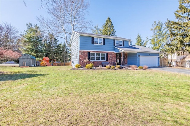 traditional-style house featuring a front lawn, aphalt driveway, fence, a playground, and a garage