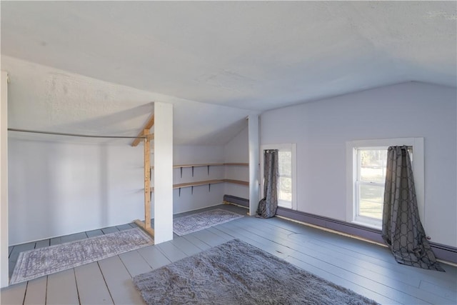 additional living space with a baseboard heating unit, lofted ceiling, and hardwood / wood-style floors