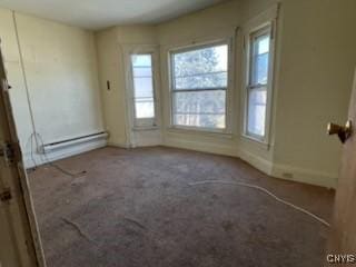 carpeted empty room with baseboard heating