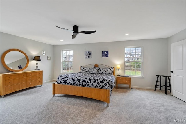 carpeted bedroom with recessed lighting, baseboards, and ceiling fan