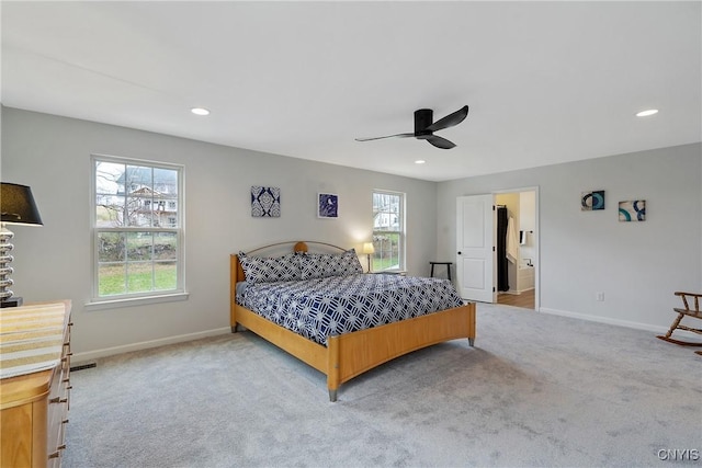 carpeted bedroom with recessed lighting, baseboards, and a ceiling fan