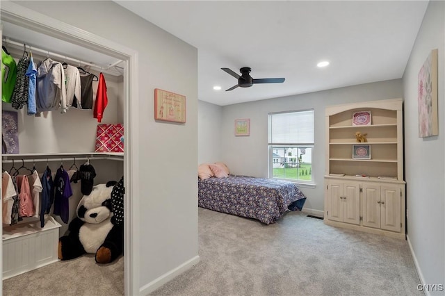 bedroom with recessed lighting, carpet, baseboards, and ceiling fan