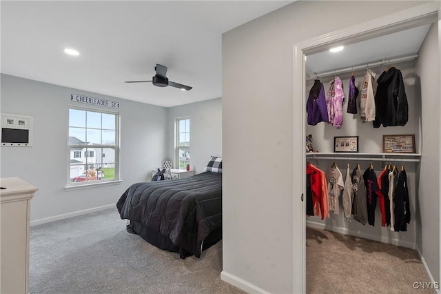 carpeted bedroom featuring a closet, recessed lighting, a ceiling fan, and baseboards